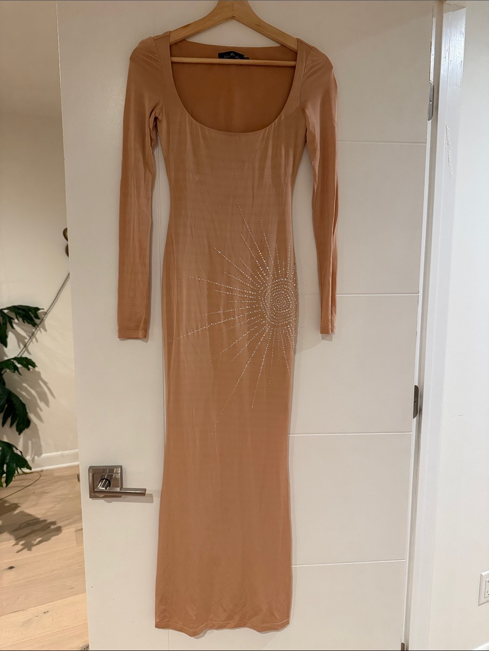 Nana Jacqueline Long-Sleeve Maxi Dress in Nude with Sunburst Crystal Detail